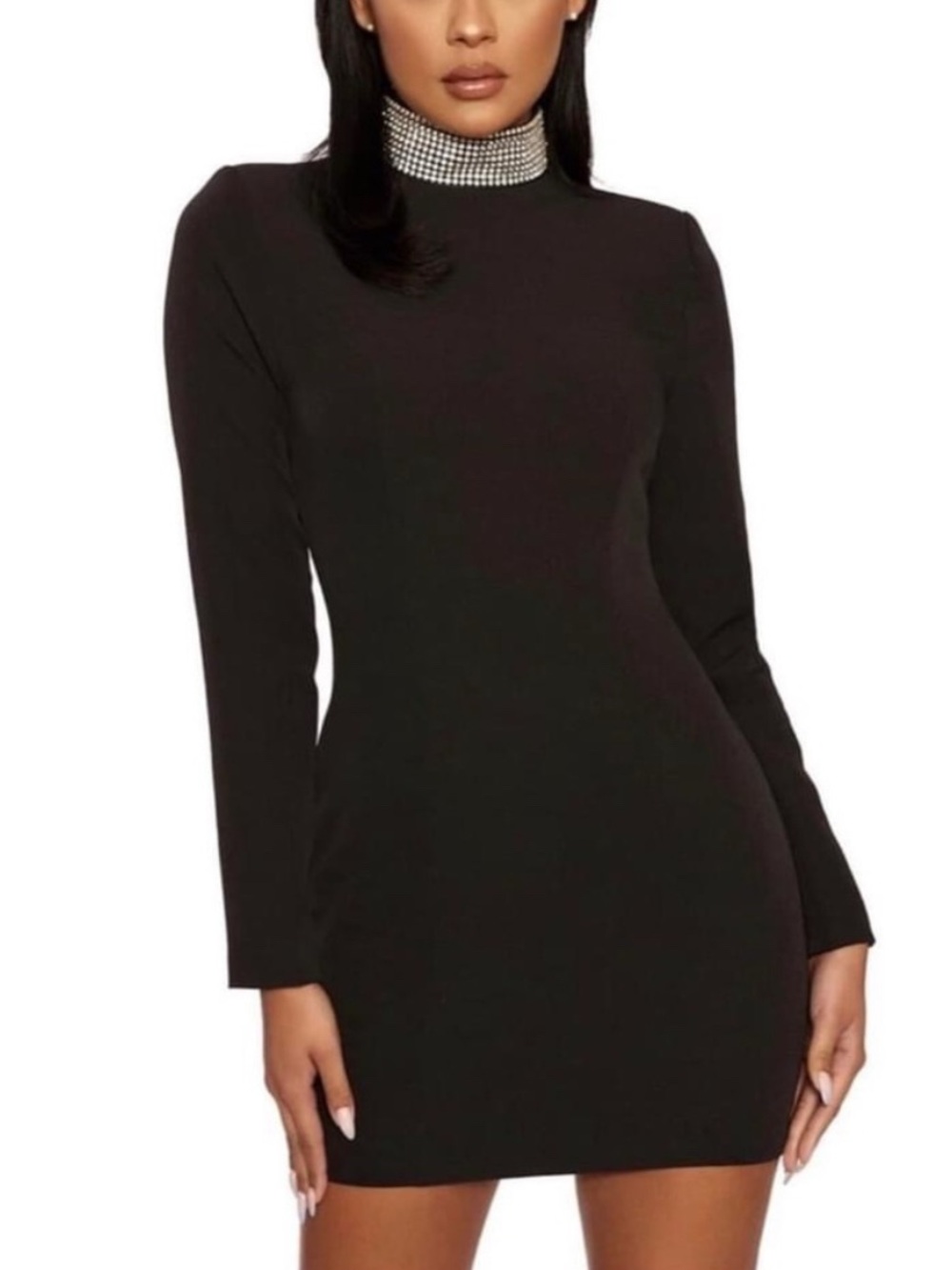 Crystal Embellished High Neck Mini Dress – Naked Wardrobe – Black – Size M